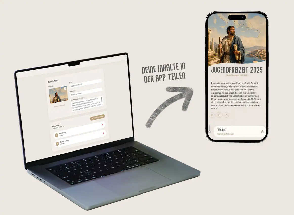 Laptop und Smartphone zeigen die App-Teilen-Funktion bei FeedYourself.
